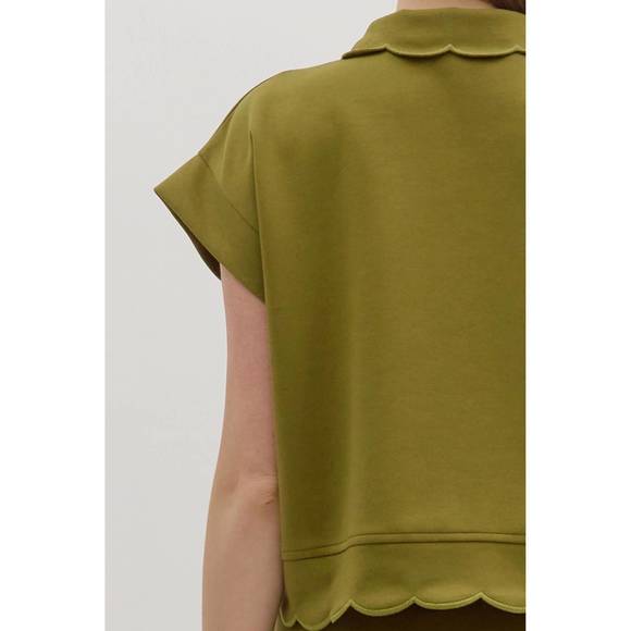 NEW ENTRO scalloped pullover top in olive - Picture 6 of 6